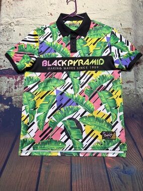 Black Pyramid Tropical Leaf Polo - Green, Pink, Yellow, Purple, Black